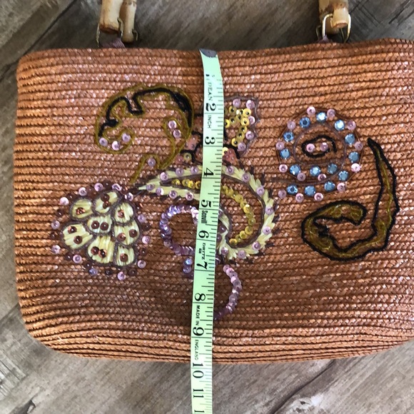 Vintage Look Straw Floral Beaded Sequin Bamboo Handle Purse Bag - Picture 10 of 12